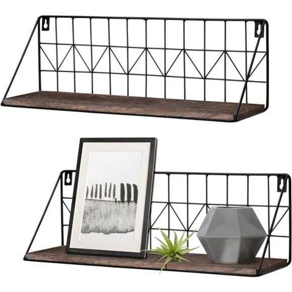 Floating Shelves Wall Mounted Set of 2 Rustic Wood Storage Display Shelf - Picture 1 of 6